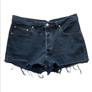 Levi Strauss 501 fly button black distressed jean shorts